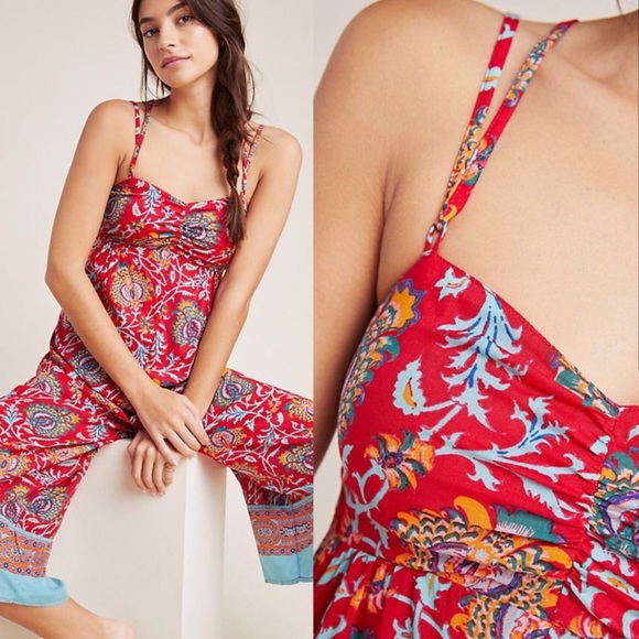 Anthropologie Red Floral Marina Sleep Jumpsuit Romper Medium - Picture 13 of 14